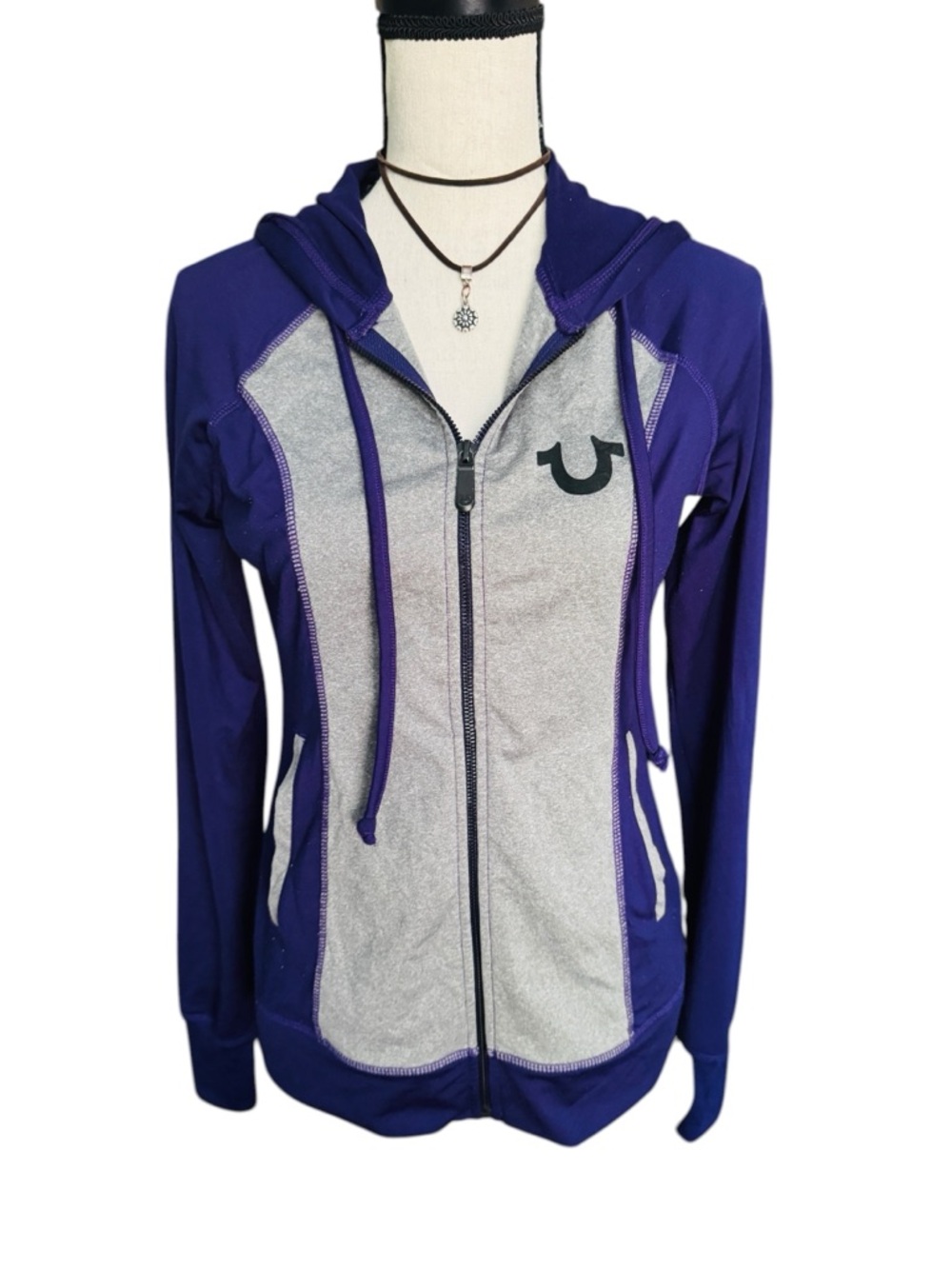 True Religion Purple Gray Zip Hoodie Sequined Logo Back Athletic Jacket Women’s